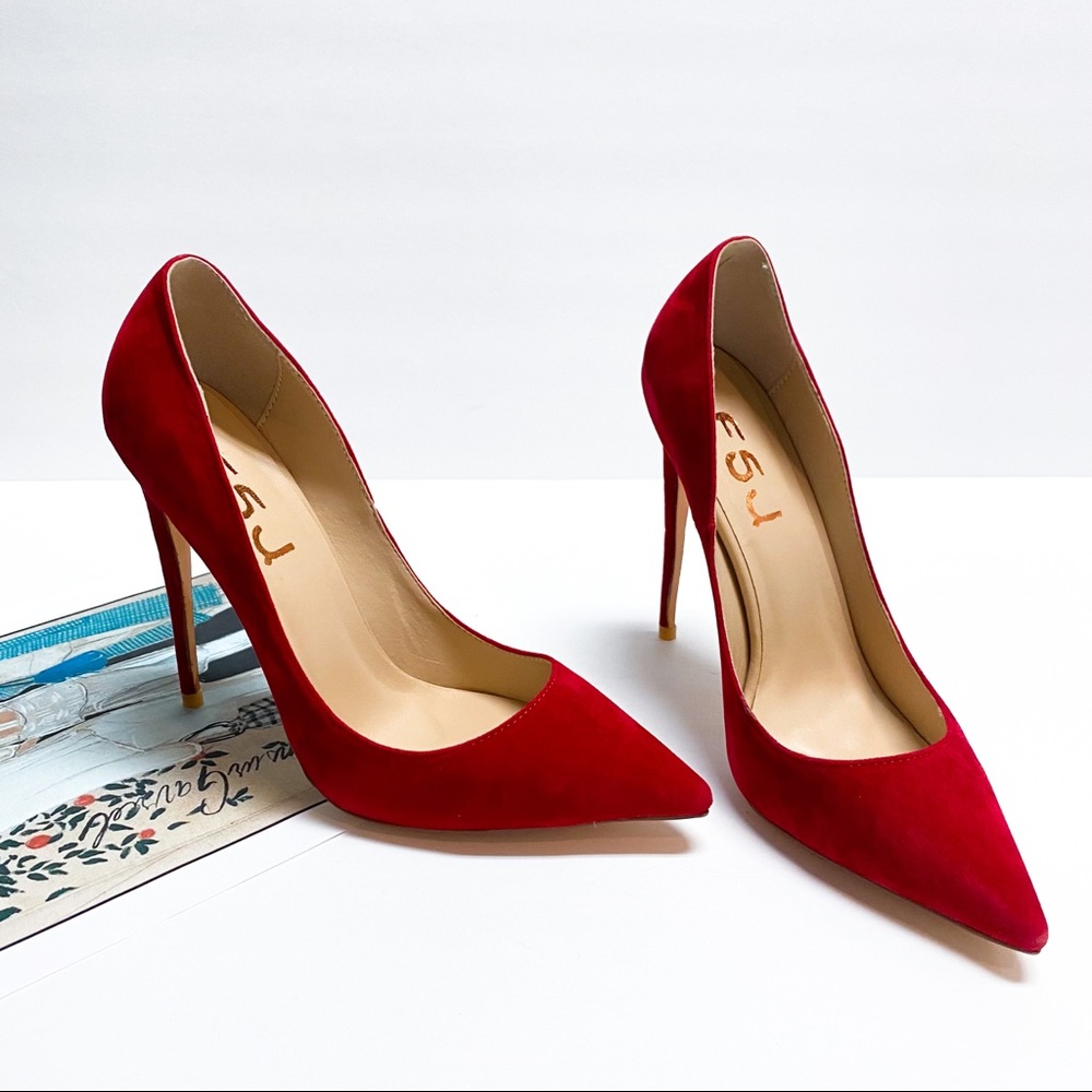 FSJ Red Pointed Toe Slip On High Heels Pumps Shoes